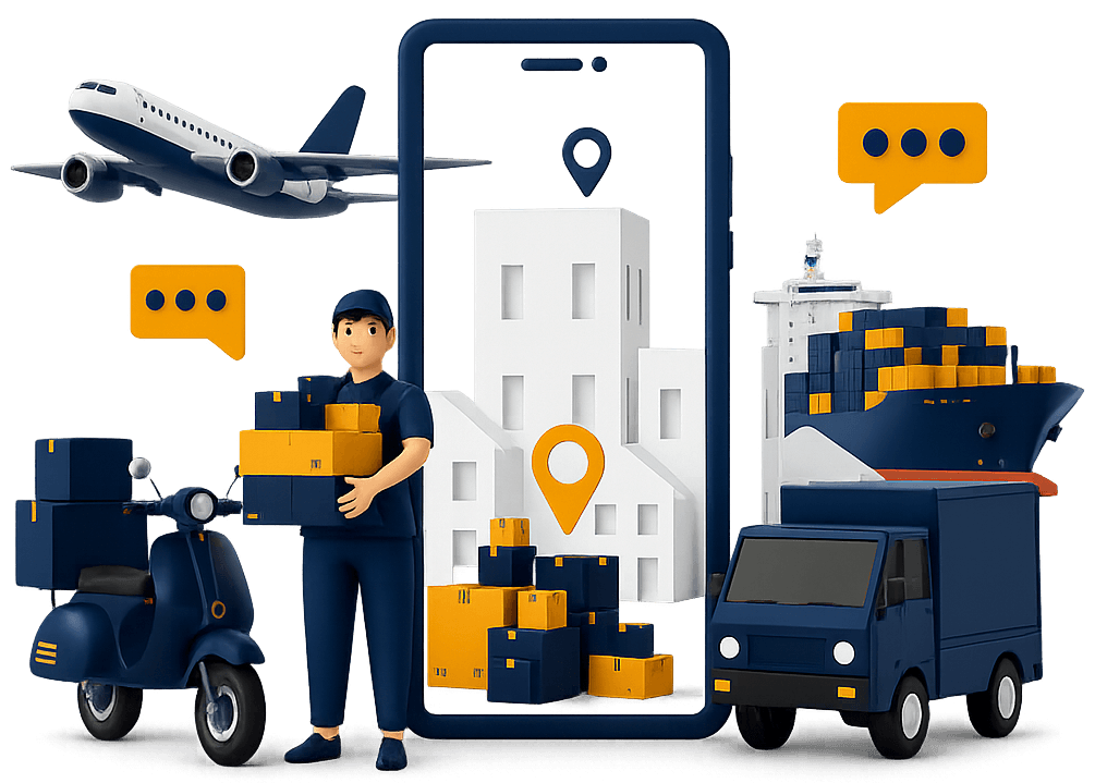ACS courier and shipping by air and sea — global logistics with cargo ship, aircraft, and truck